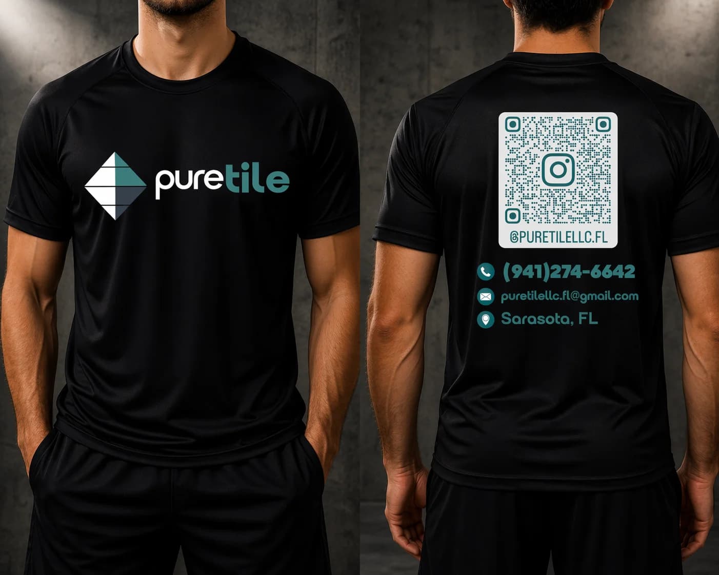 Black t-shirts printed front and back for Pure Tile